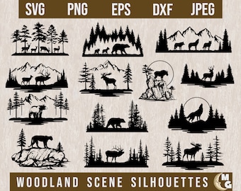 Woodland Scenes Bundle SVG, Wilderness svg, Deer svg, Forest Silhouette svg, Woodland Animals svg, Outdoor svg, Adventure svg, Cricut SVG