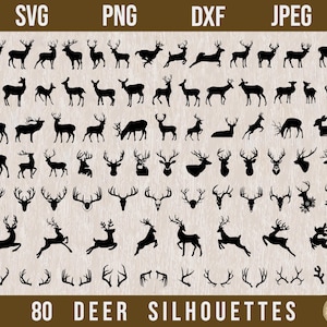 May include: A collection of 80 black deer silhouettes displayed in a grid, featuring various poses, full-body profiles, and antler designs. The image includes the text SVG, PNG, DXF, JPEG at the top and 80 DEER SILHOUETTES at the bottom.