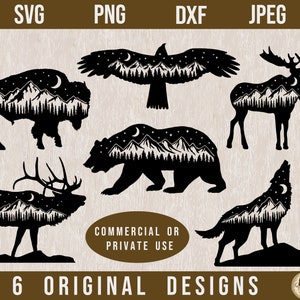 Bundle animal SVG, SVG sauvage, loup hurlant SVG, fichiers découpés au laser, panneau en bois svg, svg de la nature, svg aigle américain, svg wapiti, svg aigle