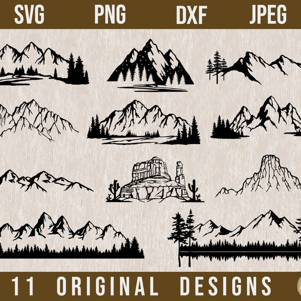 Mountains SVG Bundle, Nature SVG, Landscape SVG, Mountain silhouette, Mountain png, Lasercut files, Outdoor svg, Adventure svg, dxf, png,