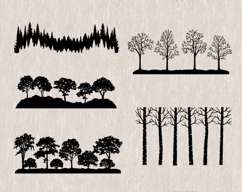 May include: Silhouettes of various tree types, including pine, deciduous, and bare branches. The trees are arranged in rows and are all black against a white background.