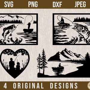 Paquete SVG de pesca, SVG de pescador, archivos cortados con láser, SVG de lubina, SVG de trucha, SVG de letrero de madera, SVG de pesca de lubina, DXF de pesca, SVG de barco de lubina, pez png