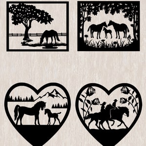 May include: Four black silhouette designs featuring horses in different settings. The first design shows a horse grazing in a field with a tree and fence. The second design shows a family of horses in a forest. The third design shows a mother horse and foal in a heart-shaped frame with mountains in the background. The fourth design shows two people riding horses in a heart-shaped frame with roses.