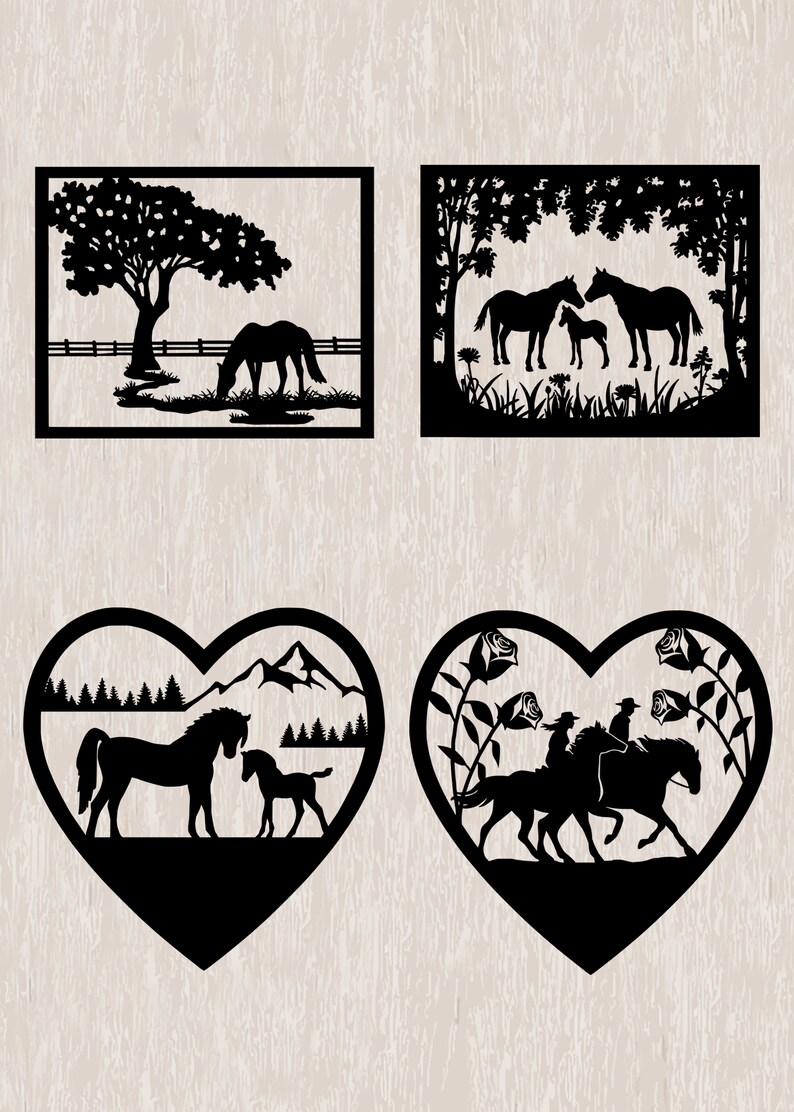 May include: Four black silhouette designs featuring horses in different settings. The first design shows a horse grazing in a field with a tree and fence. The second design shows a family of horses in a forest. The third design shows a mother horse and foal in a heart-shaped frame with mountains in the background. The fourth design shows two people riding horses in a heart-shaped frame with roses.