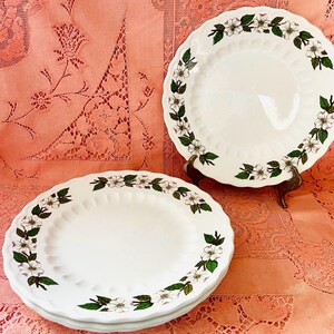 May include: White ceramic plates with a floral design border. The plates have a scalloped edge and are decorated with white flowers, green leaves, and purple accents. One plate is on a brown stand, and the others are stacked.