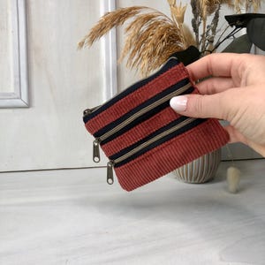 Mini Geldbeutel rostrot aus Cord mit drei Fächern, kleines Cordportemonnaie, Geldbörse klein