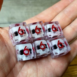 d6 dice set with white skull inside and red numbers