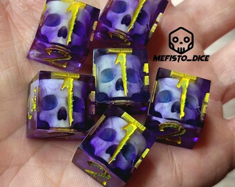May include: Set of six purple and white dice with a skull and lightning bolt design. The dice are translucent and have a yellow glow.