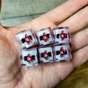 d6 dice set with white skull inside and red numbers