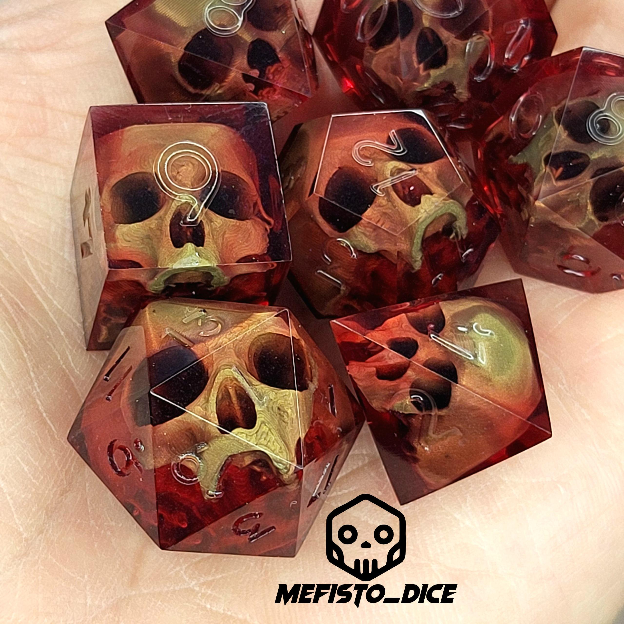 Dice set for dnd D&D Dungeons and Dragons bronze skull and red resin d20