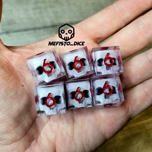 d6 dice set with white skull inside and red numbers