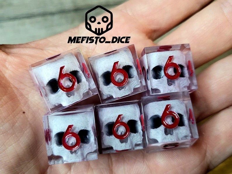 d6 dice set with white skull inside and red numbers