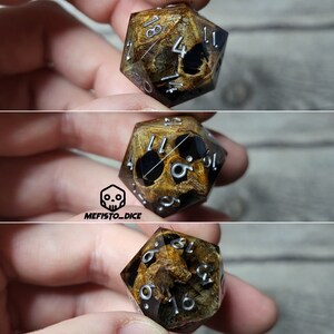 Può includere: Un dado d6 in resina trasparente con un designo a forma di teschio e macchie marroni e nere. I numeri da 1 a 6 sono stampati in argento sulle facce del dado.