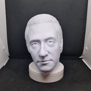 May include: A white 3D printed bust of a person's head. The bust is on a white base.