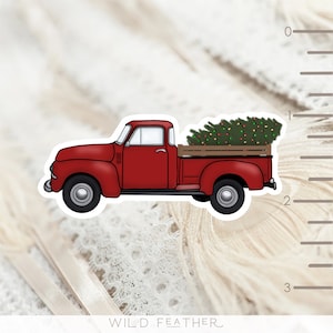 Old Red Farm Truck with Christmas Tree Sticker || Waterproof, Glossy, Vinyl Die-cut Decal