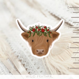Highland Cow Head with Christmas Crown Sticker || 2.5” Waterproof, Glossy, Vinyl Die-cut Decal