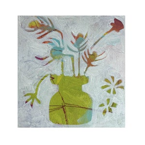 May include: Abstract painting featuring a green vase with orange, blue, and yellow stylized flowers. The background is textured white, with two star-shaped cutouts. The artwork has a modern, artistic style, with a textured white background.