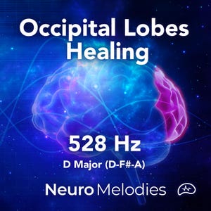 Puede incluir: Gráfico digital con una ilustración del cerebro en tonos azules y morados. El texto dice "Occipital Lobes Healing", "528 Hz D Major (D-F#-A)" y el logotipo de Neuro Melodies. El fondo es azul oscuro.