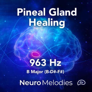 May include: A digital graphic with a blue brain illustration, featuring the text "Pineal Gland Healing" and "963 Hz". The text "B Major (B-D#-F#)" and "Neuro Melodies" are also displayed. The background is a dark blue with stars.