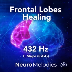 Puede incluir: Gráfico digital que muestra un cerebro estilizado en rosa y azul, con el texto "Frontal Lobes Healing". El gráfico incluye "432 Hz", "C Major (C-E-G)" y "Neuro Melodies". El fondo es azul oscuro con partículas en forma de estrella.