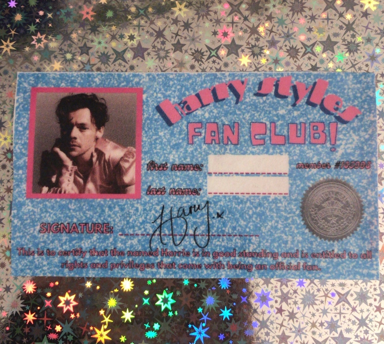 Harry styles FAN CLUB id card Etsy