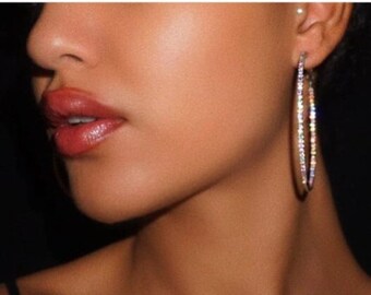 Gift for Teenager Bridesmaid Earrings Clear Rhinestone Hoops Weekday Bling Pierced Silver Hoop Earrings