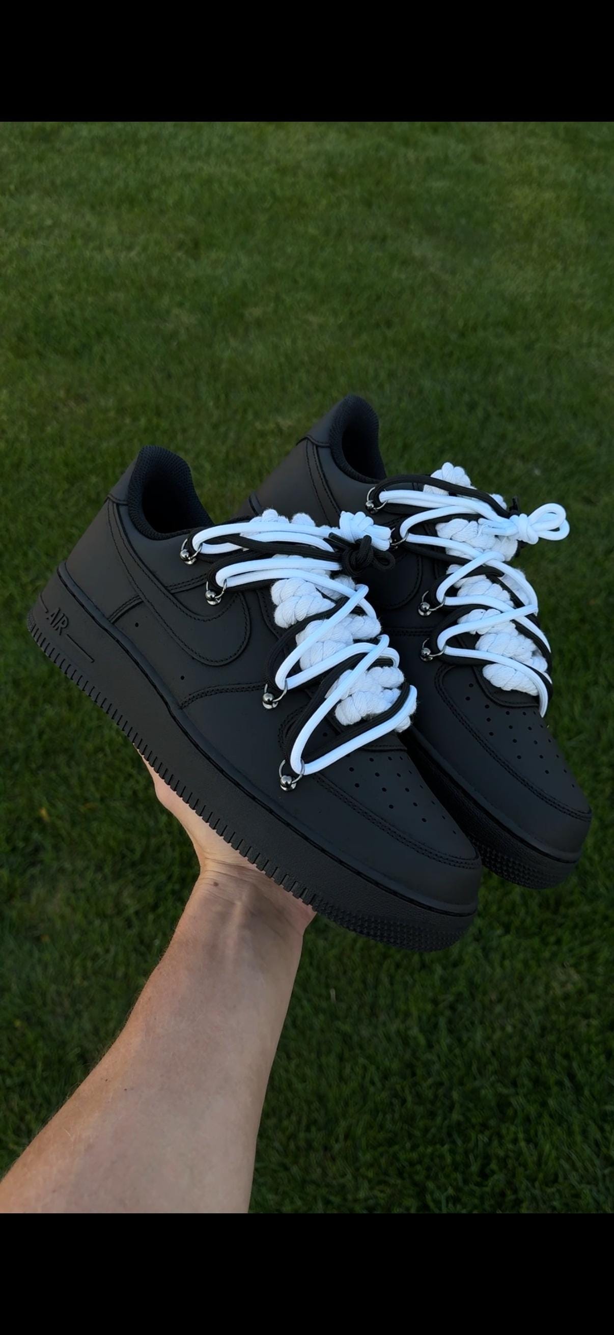 Matte Black Air Force 1 With White Thick Rope Laces Custom Shoes
