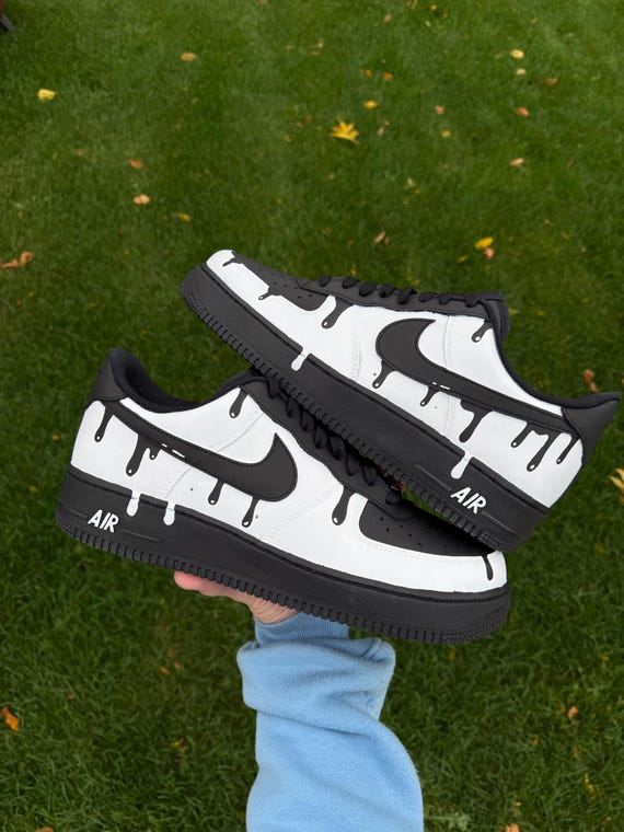 Custom Nike Air Force 1 Low White Black Drip Swoosh Sneakers Men’s size 9 Air Force 1 Custom Black Drip Swoosh Retro White Shoes Men  main image 4