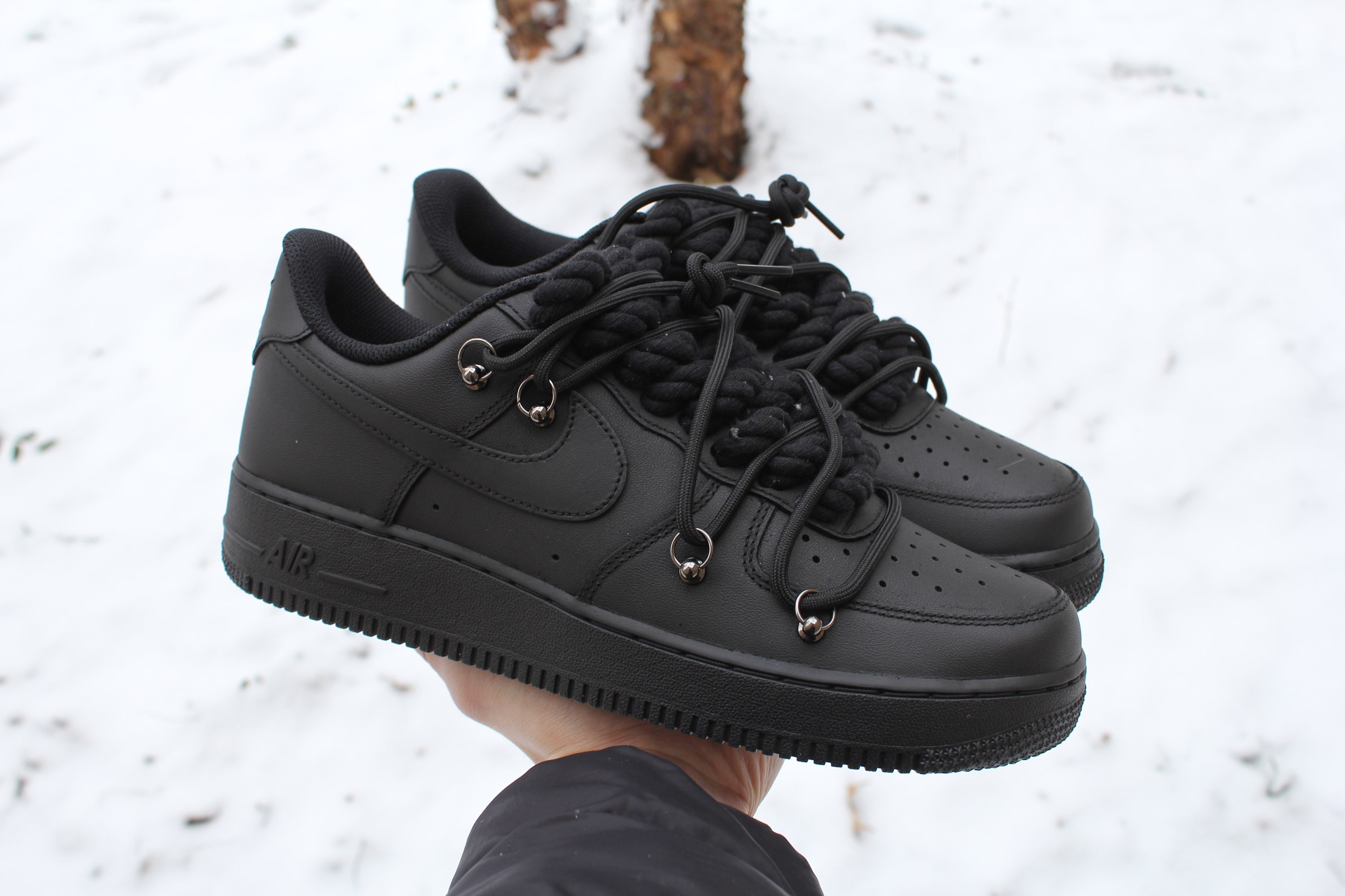 Custom Air Force 1 Black Matte Black Rope Laces Overlay Laced