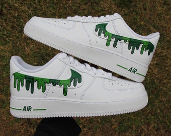 Custom Air Force 1 Shoes: Hand Painted Green Drip Design