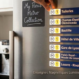 Peut inclure: Un ensemble de panneaux magnétiques rectangulaires affichant des noms de stations de métro parisiennes comme Tuileries, Bastille et Louvre-Rivoli. Chaque panneau présente un cercle blanc avec un M, un carré jaune avec le chiffre 1 et du texte bleu.