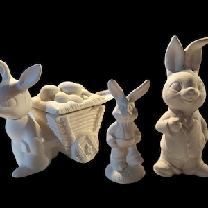 Vintage Ceramic Bisque Ready to Paint Easter Decor, U Paint, Bunny Pulling a Cart , Set of 3 rabbits