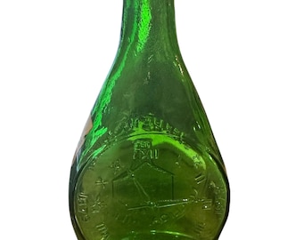 Vintage Green Collectible Glass Bottle, Clevenger Bros Clayton NJ, Town Clock, Mullica Hill, NJ Hand Blown #003A