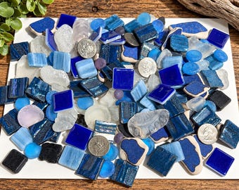 148-Piece Homemade Tumbled Glass, Pottery & Mosaic Craft Lot – Blue, Teal, Clear  White #38