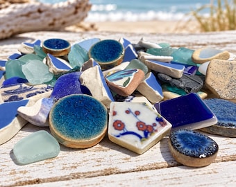 80 Pieces Homemade Sea Glass  Pottery Mix – Blue, Aqua & White Craft Mosaic Pieces #46