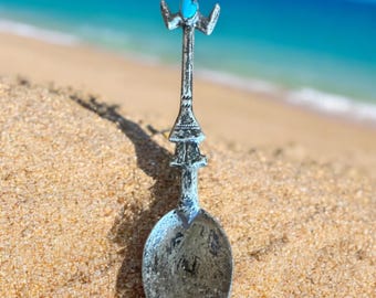 Native American Sterling Souvenir Spoon Signed FJ Sterling Silver With Turquoise Heart in Hand (BOB)