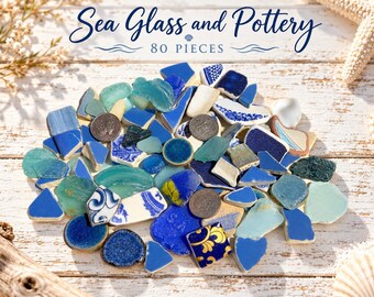 80 Pieces Homemade Sea Glass  Pottery Mix – Blue, Aqua & White Craft Mosaic Pieces #45