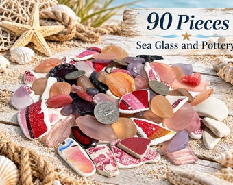 90-Piece Sea Glass & Pottery Lot | Pink, Purple, Red , White Craft Pieces | Coastal Mosaic Supplies #41