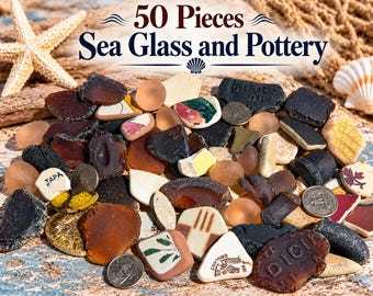 50-Piece Sea Glass, Pottery Lot | Brown, Amber, Black & Patterned Craft Pieces | Mosaic, Resin Supplies #42