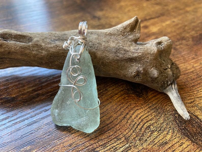 Genuine Aqua Sea Glass Pendant And 925 Sterling Silver Chain