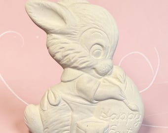 Vintage Ceramic Bisque Easter Bunny “Happy Easter” Figurine Ready to Paint #9A