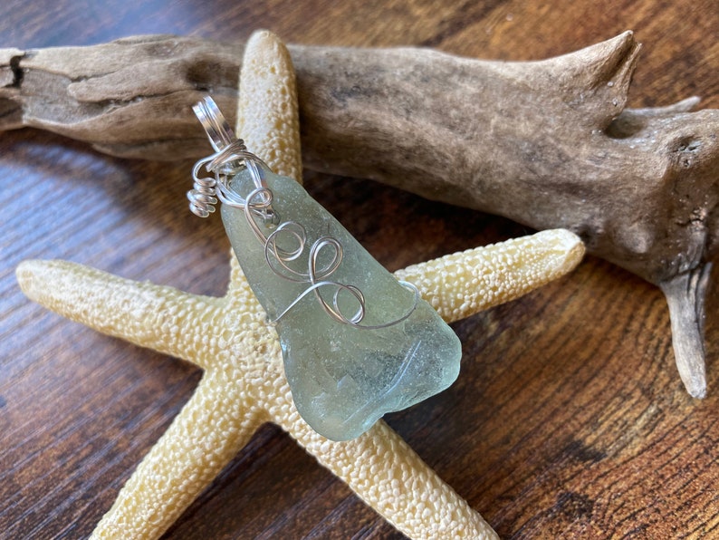 Genuine Aqua Sea Glass Pendant And 925 Sterling Silver Chain
