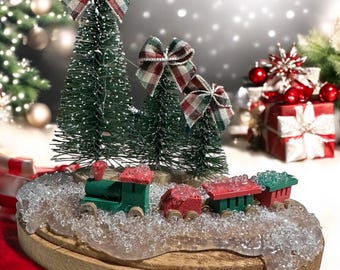 Christmas Decor, Wooden Train Set Decor, Bottle Brush Trees, #19a