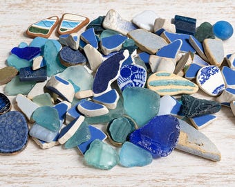 80 Pieces Homemade Sea Glass , Pottery Mix – Blue, Aqua & White Craft Mosaic Pieces #43