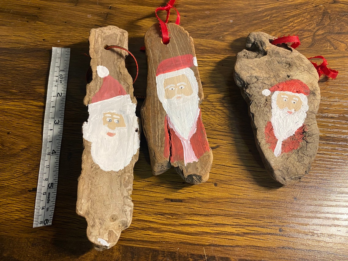 Hand Painted Santa Driftwood Ornaments Set of 3 Christmas Etsy
