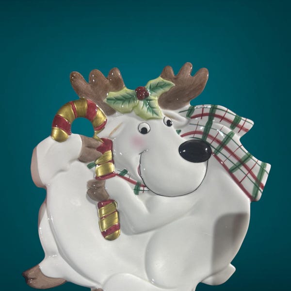 Fitz & Floyd Reindeer Candy Dish Christmas Essentials Holiday Plate w Box