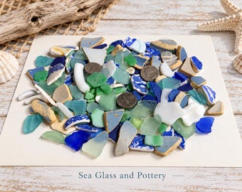 150-Piece Sea Glass & Pottery Lot | Blue, Green, White Craft Pieces | Coastal Mosaic ,Jewelry Supplies #47