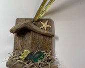 Aqua Sea Glass Christmas Ornament, Natural Driftwood, Gift, Coastal Decor