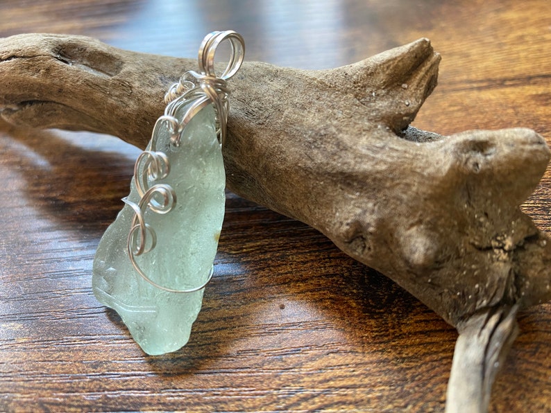 Genuine Aqua Sea Glass Pendant And 925 Sterling Silver Chain