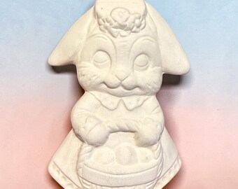Ceramic Bisque Easter Bunny Girl w/ Egg Basket Ornament Ready to Paint (#10B)